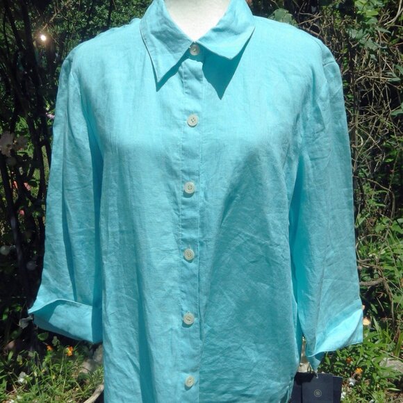 NWT Aqua Blue Linen Blouse/ Tunic/ Liz Claiborne/ MEDIUM - Picture 1 of 7